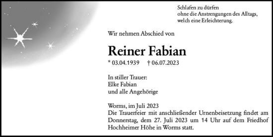 Traueranzeige von Reiner Fabian von Wormser Zeitung