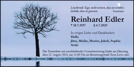 Traueranzeige von Reinhard Edler von Wiesbadener Kurier