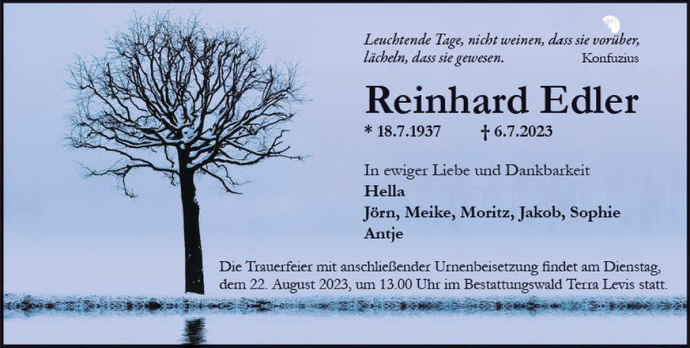  Traueranzeige für Reinhard Edler vom 22.07.2023 aus Wiesbadener Kurier