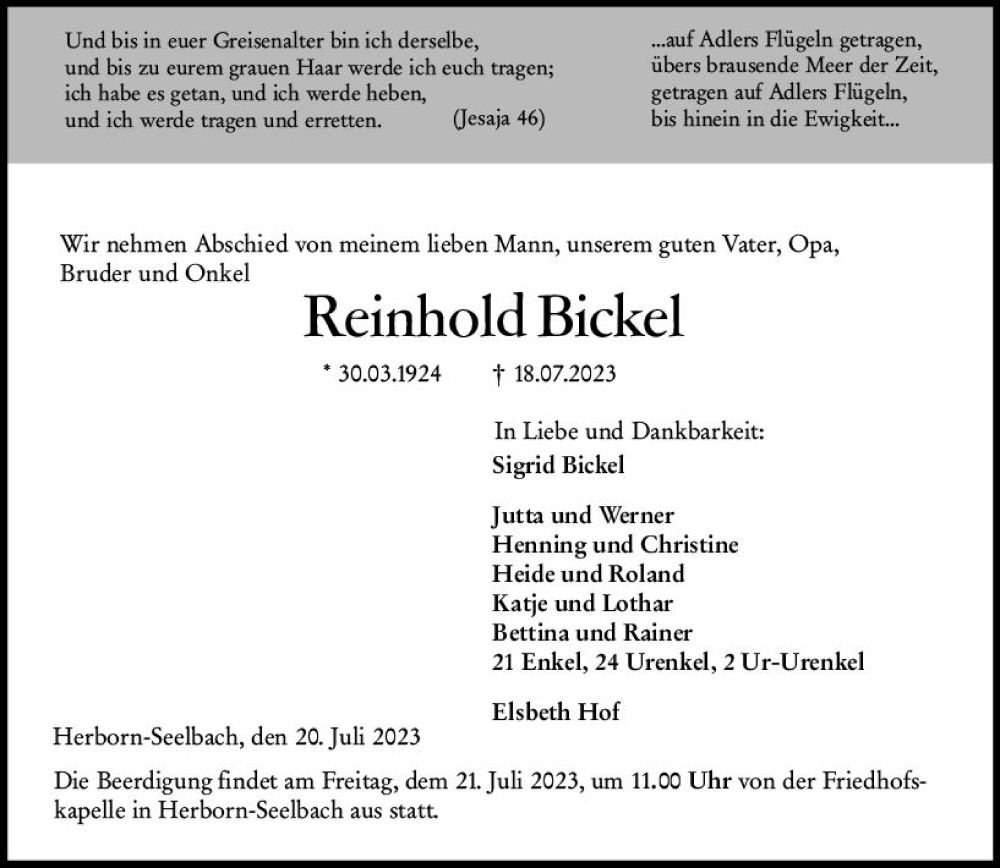  Traueranzeige für Reinhold Bickel vom 20.07.2023 aus Dill Block