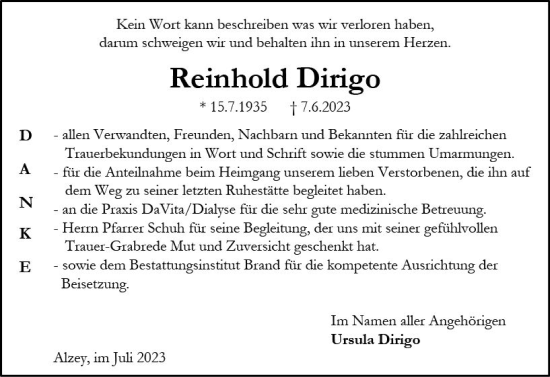 Traueranzeige von Reinhold Dirigo von Allgemeine Zeitung Alzey