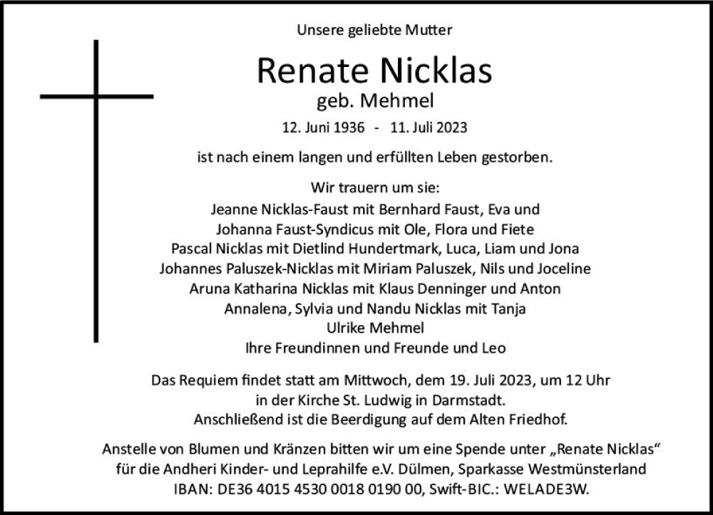  Traueranzeige für Renate Nicklas vom 15.07.2023 aus Darmstädter Echo