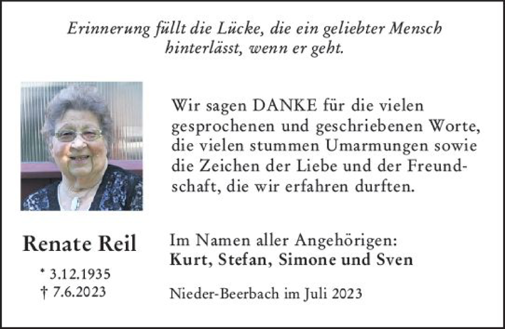  Traueranzeige für Renate Elisabeth Reil vom 08.07.2023 aus Darmstädter Echo