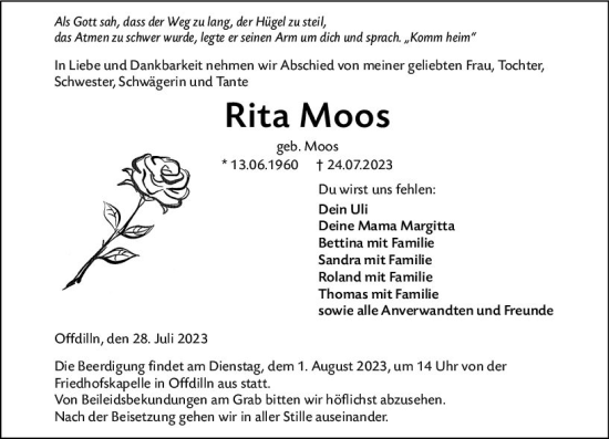Traueranzeige von Rita Moos von Dill Block