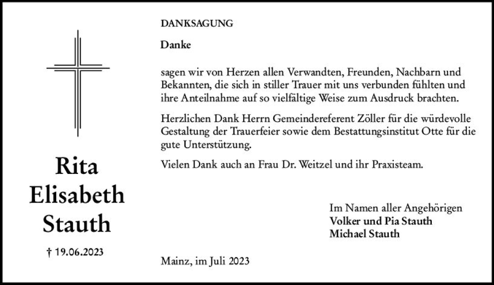  Traueranzeige für Rita Elisabeth Stauth vom 29.07.2023 aus Allgemeine Zeitung Mainz