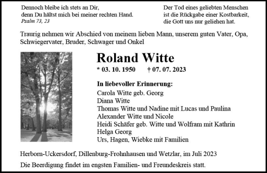 Traueranzeige von Roland Witte von Dill Block