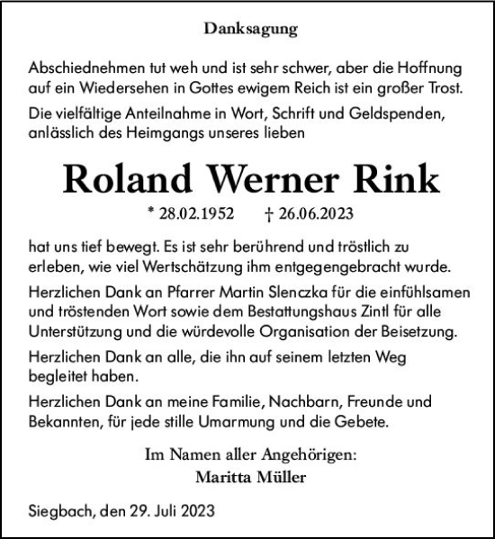 Traueranzeige von Roland Werner Rink von Dill Block