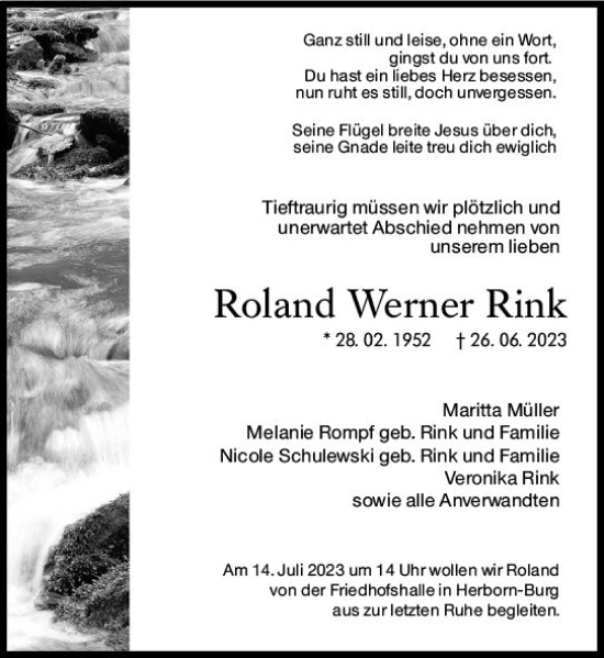 Traueranzeige von Roland Werner Rink von Dillblock