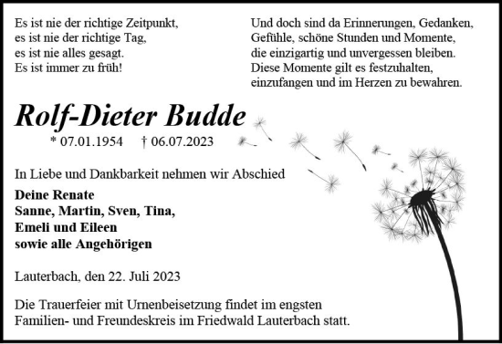 Traueranzeige von Rolf-Dieter Budde von VRM Trauer