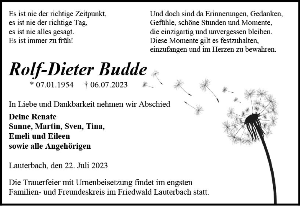  Traueranzeige für Rolf-Dieter Budde vom 22.07.2023 aus VRM Trauer