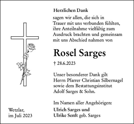 Traueranzeige von Rose Sarges von Wetzlarer Neue Zeitung