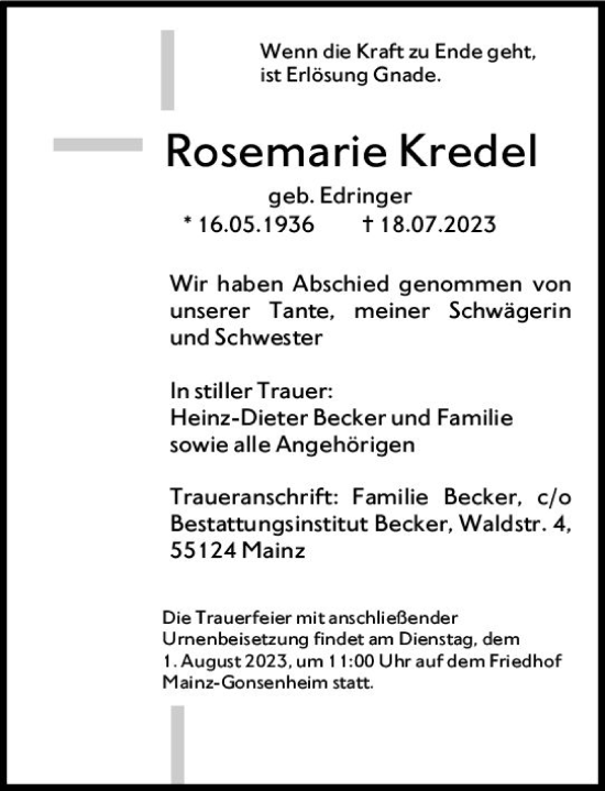Traueranzeige von Rosemarie Kredel von Allgemeine Zeitung Mainz