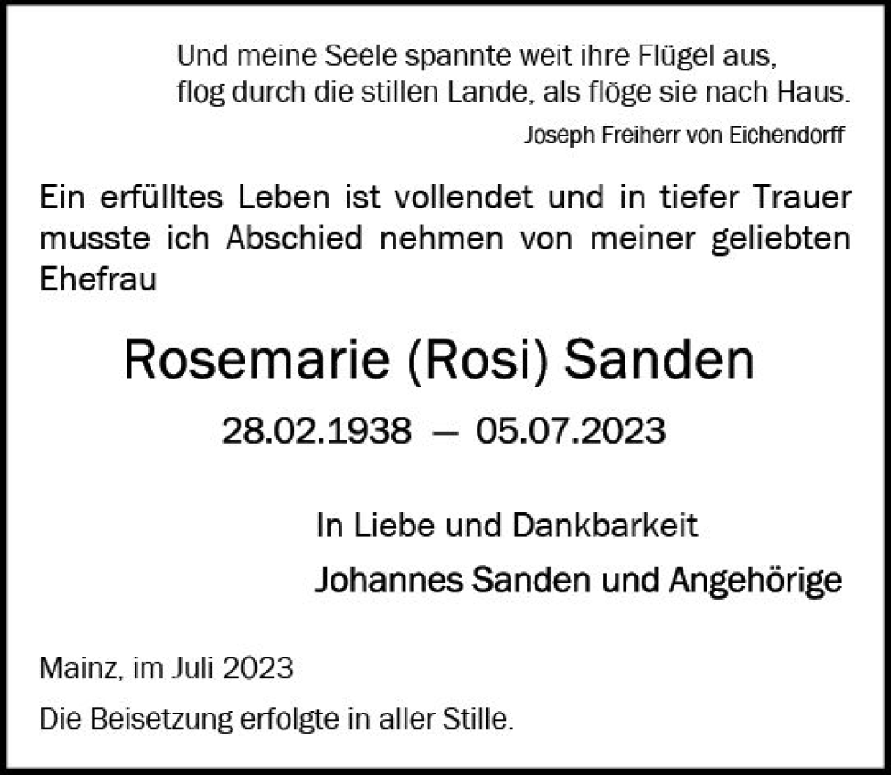  Traueranzeige für Rosemarie Sanden vom 29.07.2023 aus Allgemeine Zeitung Mainz