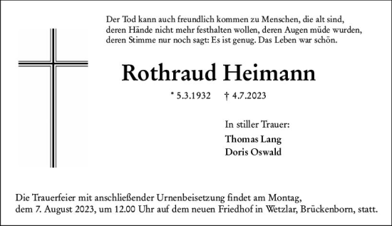 Traueranzeige von Rothraud Heimann von Wetzlarer Neue Zeitung