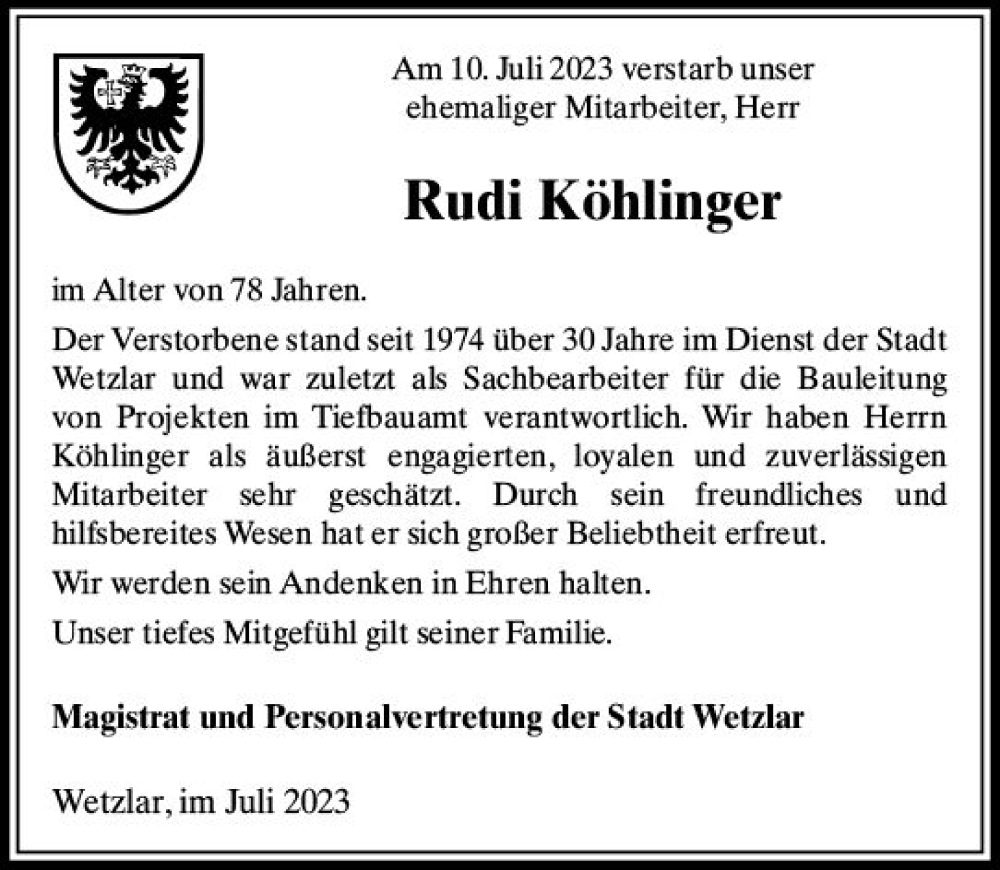  Traueranzeige für Rudi Köhlinger vom 29.07.2023 aus Wetzlarer Neue Zeitung