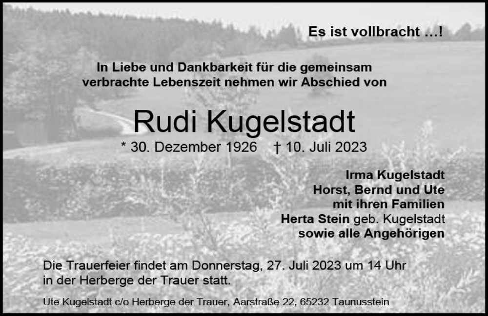  Traueranzeige für Rudi Kugelstadt vom 22.07.2023 aus Wiesbadener Kurier