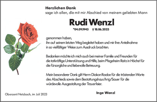 Traueranzeige von Rudi Wenzl von Odenwälder Echo