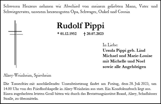 Traueranzeige von Rudolf Pippi von Allgemeine Zeitung Alzey