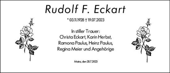 Traueranzeige von Rudolf F. Eckart von Allgemeine Zeitung Mainz