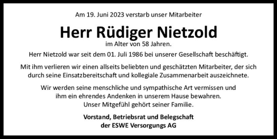 Traueranzeige von Rüdiger Nietzold von Wiesbadener Kurier