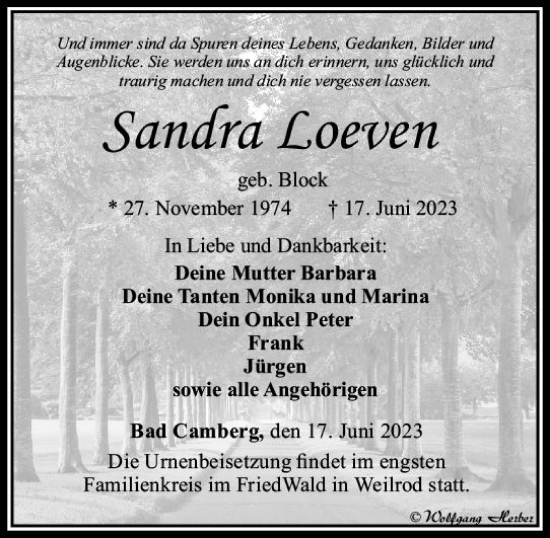 Traueranzeige von Sandra Loeven von Camberger Anzeiger