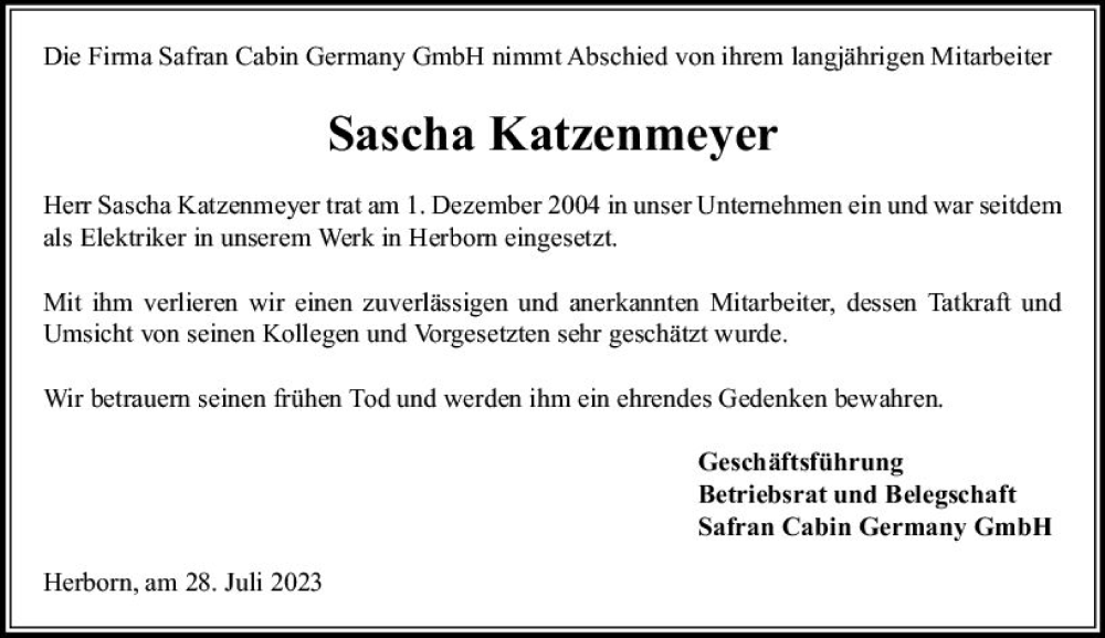  Traueranzeige für Sascha Katzenmeyer vom 28.07.2023 aus Dill Block