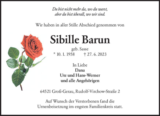Traueranzeige von Sibille Barun von Groß-Gerauer Echo