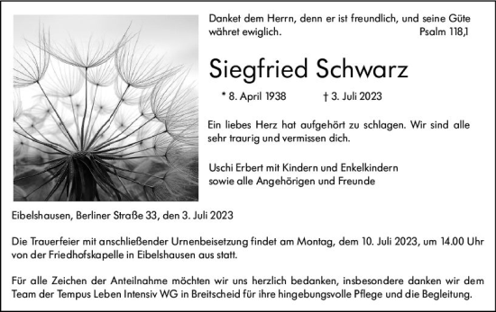 Traueranzeige von Siegfried Schwarz von Dill Block