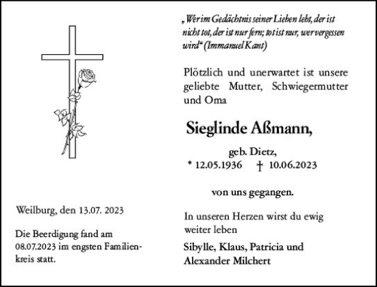 Traueranzeige von Sieglinde Aßmann von Weilburger Tageblatt