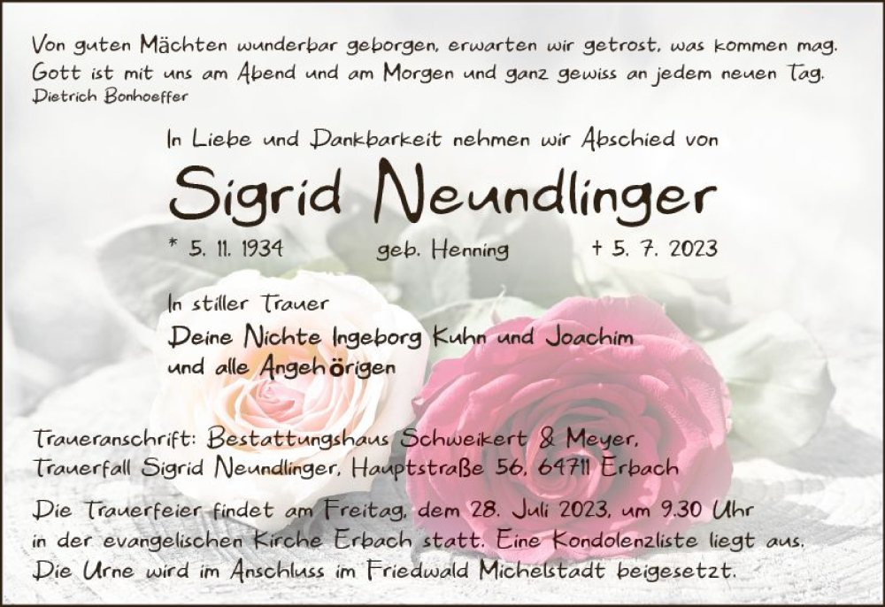  Traueranzeige für Sigrid Neundlinger vom 15.07.2023 aus Odenwälder Echo
