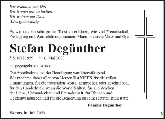 Traueranzeige von Stefan Degünther von Wormser Zeitung