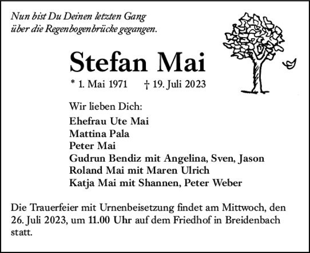  Traueranzeige für Stefan Mai vom 24.07.2023 aus Hinterländer Anzeiger