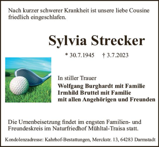Traueranzeige von Sylvia Strecker von Darmstädter Echo