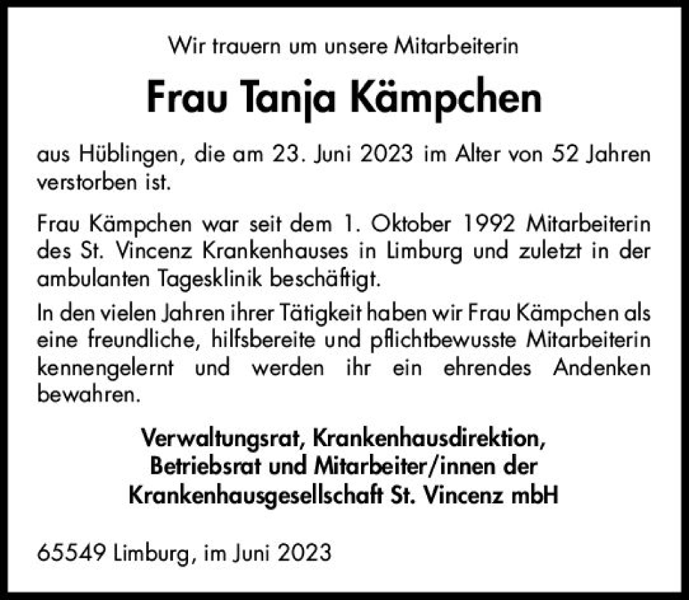  Traueranzeige für Tanja Kämpchen vom 21.07.2023 aus Nassauische Neue Presse