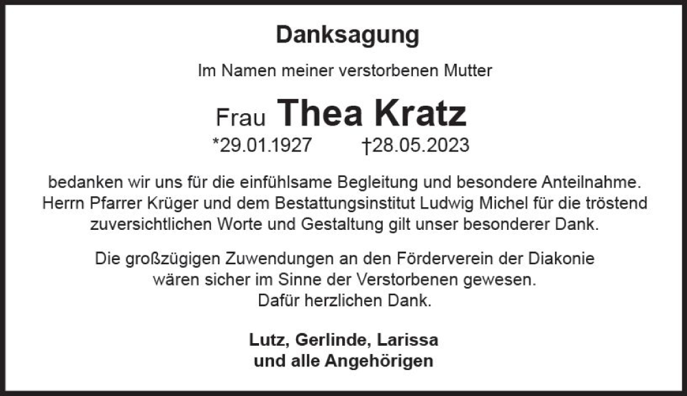  Traueranzeige für Thea Kratz vom 15.07.2023 aus Idsteiner Land/Untertaunus