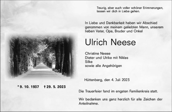 Traueranzeige von Ulrich Neese von Wetzlarer Neue Zeitung