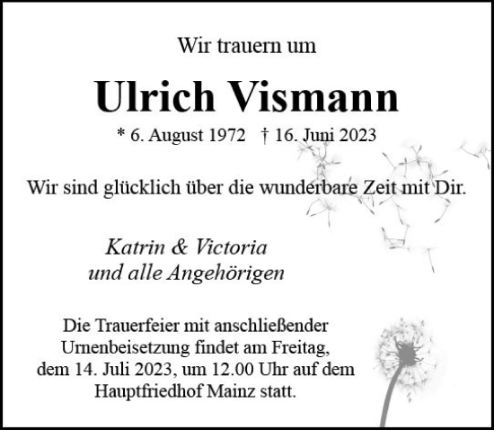Traueranzeige von Ulrich Vismann von Allgemeine Zeitung Mainz