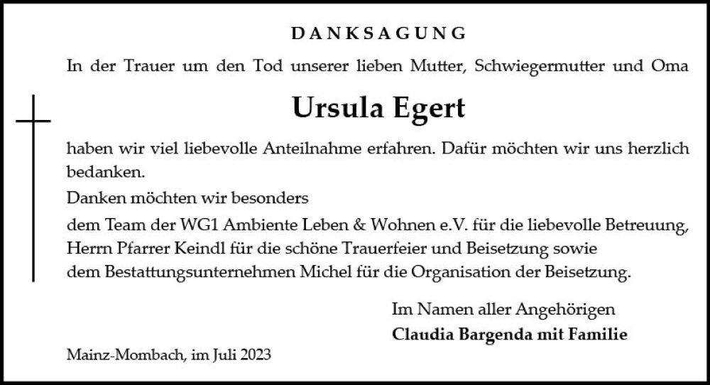 Traueranzeige für Ursula Egert vom 15.07.2023 aus Allgemeine Zeitung Mainz