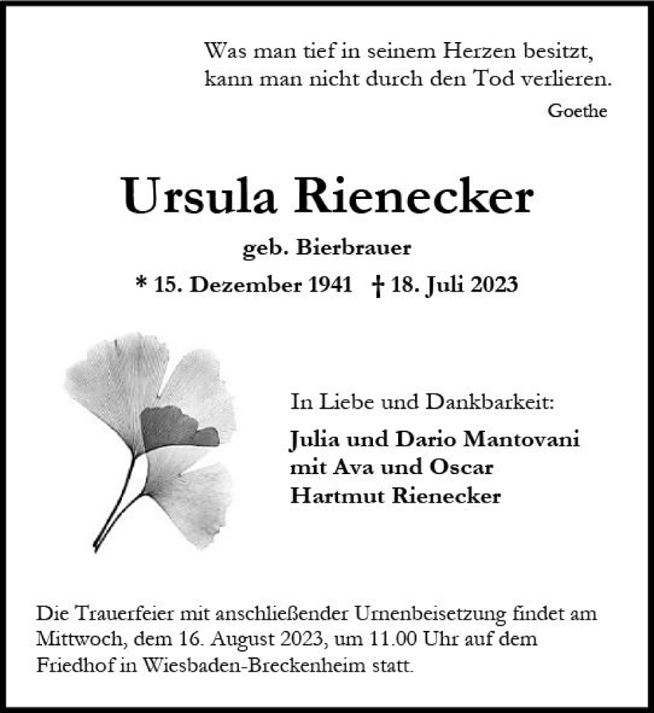  Traueranzeige für Ursula Rienecker vom 22.07.2023 aus Wiesbadener Kurier