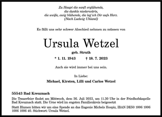 Traueranzeige von Ursula Wetzel von Allgemeine Zeitung Bad Kreuznach
