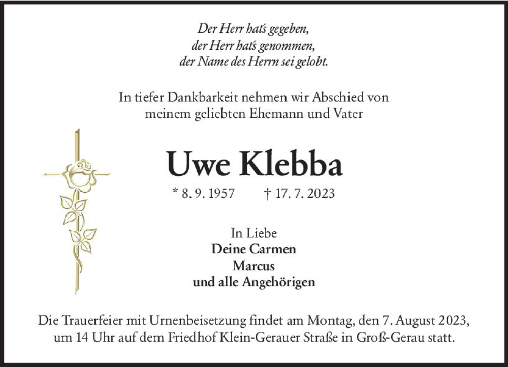  Traueranzeige für Uwe Klebba vom 29.07.2023 aus Groß-Gerauer Echo