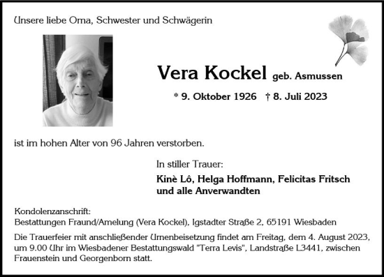 Traueranzeige von Vera Kockel von Wiesbadener Kurier