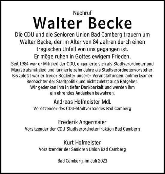 Traueranzeige von Walter Becke von Camberger Anzeiger