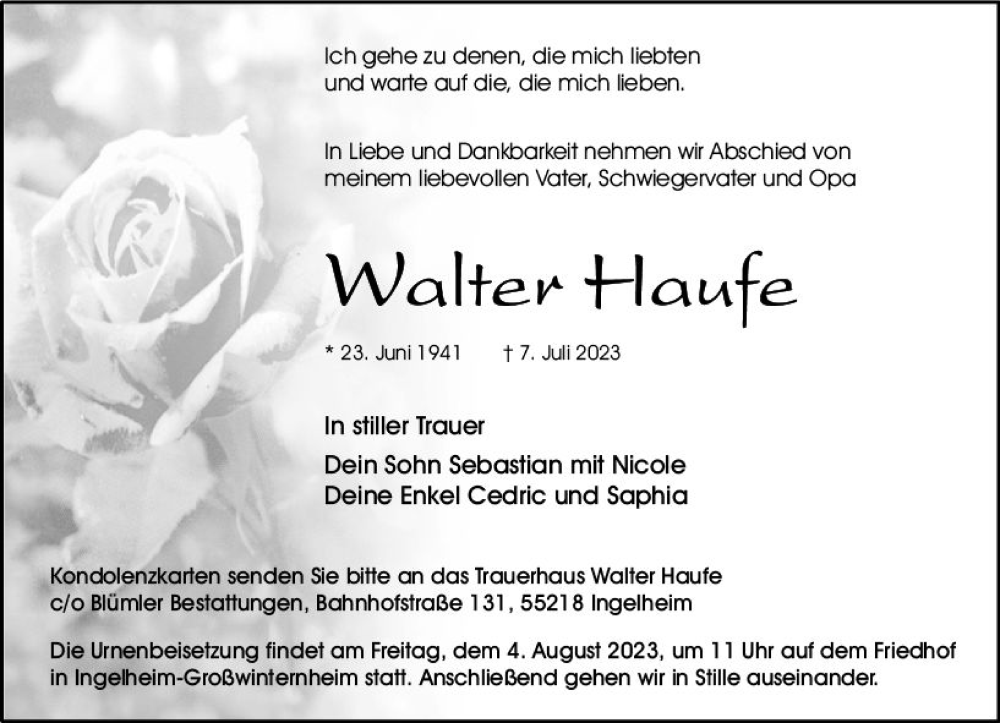  Traueranzeige für Walter Haufe vom 22.07.2023 aus Allgemeine Zeitung Bingen/Ingelheim