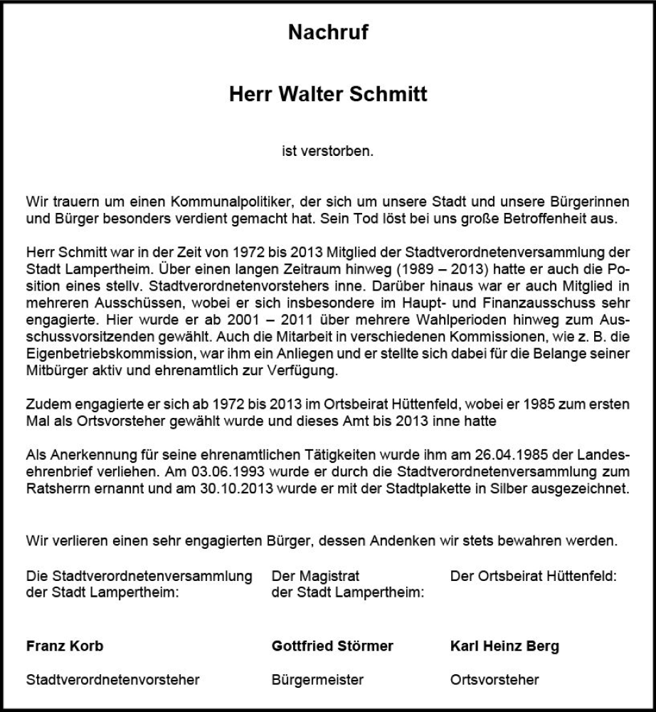  Traueranzeige für Walter Schmitt vom 08.07.2023 aus Starkenburger Echo
