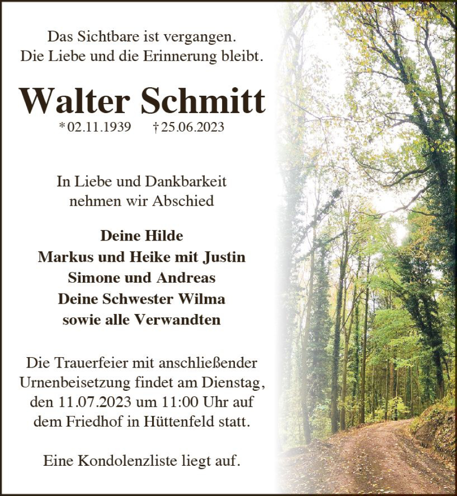  Traueranzeige für Walter Schmitt vom 08.07.2023 aus Starkenburger Echo