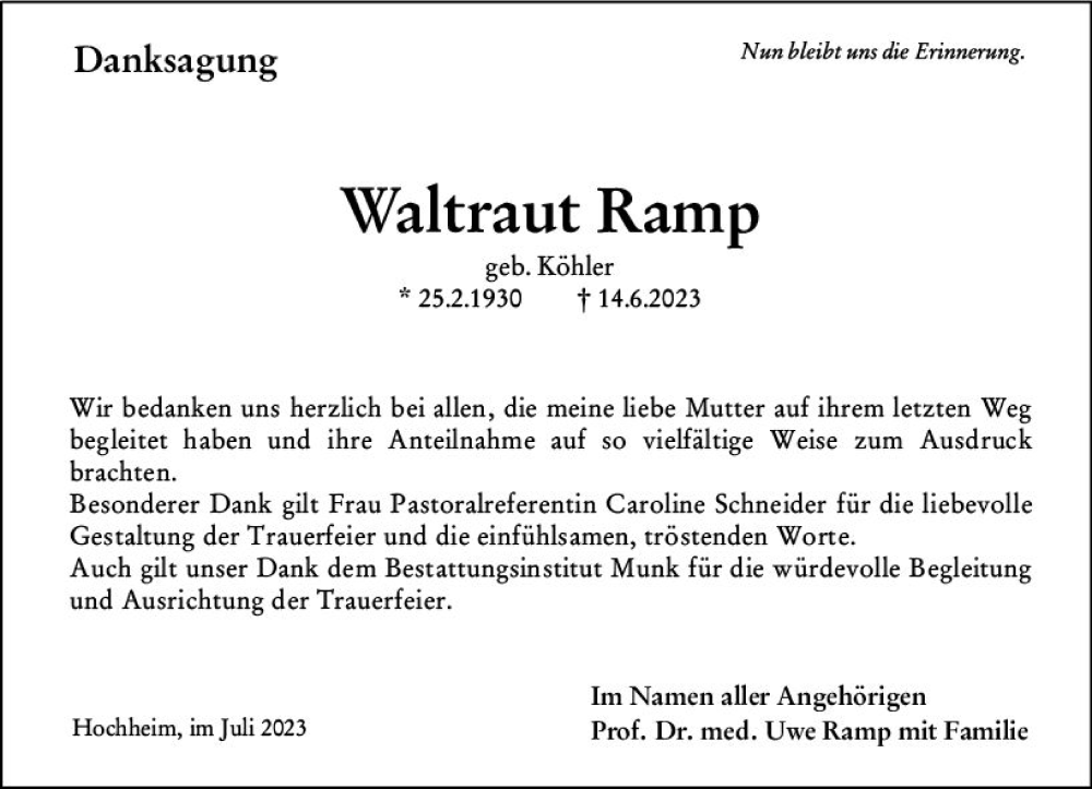  Traueranzeige für Waltraut Ramp vom 21.07.2023 aus Hochheimer Zeitung