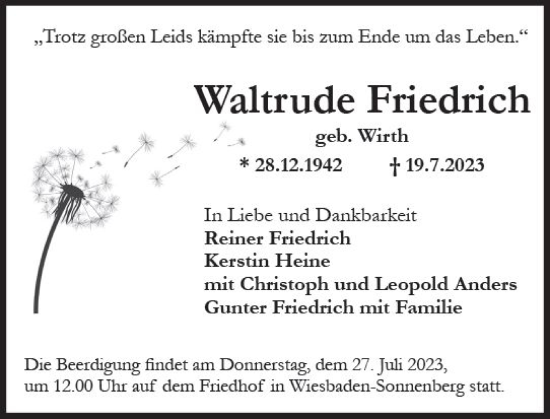 Traueranzeige von Waltrude Friedrich von Wiesbadener Kurier