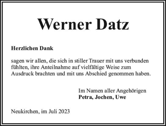 Traueranzeige von Werner Datz von Wetzlarer Neue Zeitung