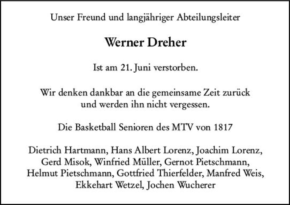 Traueranzeige für Werner Dreher vom 08.07.2023 aus Allgemeine Zeitung Mainz